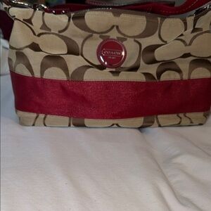 Coach Beige and Red Signature Shoulder Bag